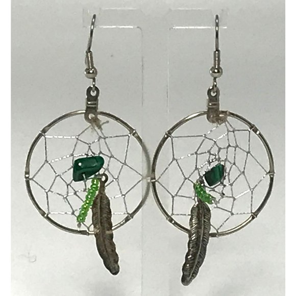 Handmade Artisanal Dream Catcher Earrings Native Style Malachite Sterling Silver - Picture 2 of 2